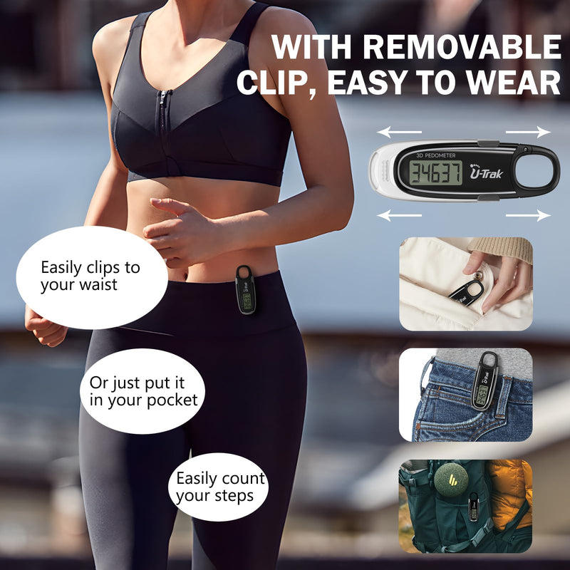 [Australia] - 3D Pedometer for Walking with Removable Clip and Carabiner Simple Step Counter for Walking Accurate Clip On Step Tracker for Men Women Kids Black 
