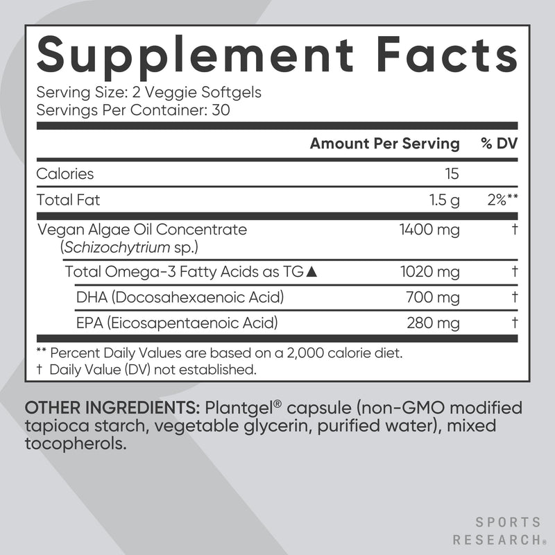 Sports Research® Vegan Omega-3 Algae Oil 1040mg, 60 Count Plantgels™ | Triglyceride Form EPA & DHA - Vegan, Non-GMO, Carrageenan-Free Softgel