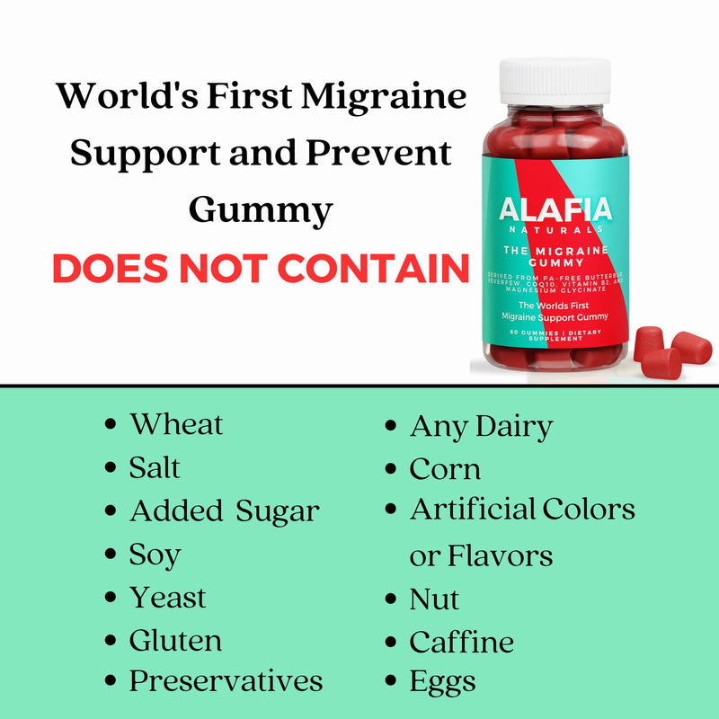 Alafia Naturals The Migraine Gummy - World's First Comfort and Support Gummy - Magnesium Glycinate, Butterbur, Feverfew, CoQ10, Vitamin B2 400mg Riboflavin 400mg 60ct Strawberry