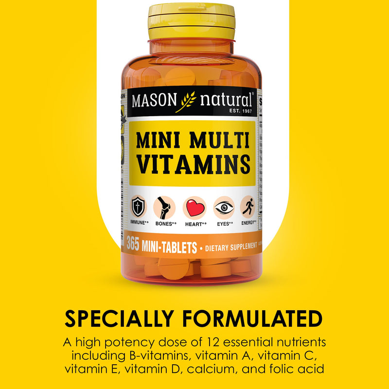 MASON NATURAL Mini Multivitamin with Iron & 12 Key Nutrients, 1 Year Supply | 12 essential nutrients plus iron, including vitamins A, C, D, E, B-complex, folate & calcium for daily support 365