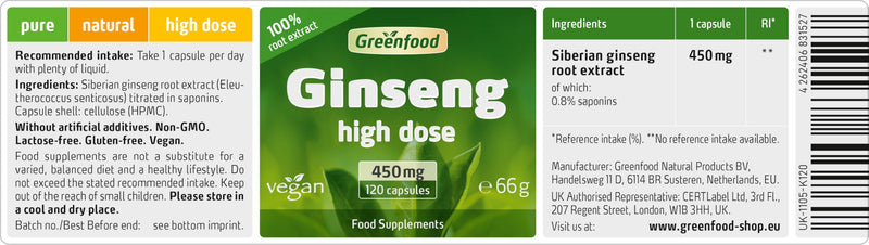 Greenfood Ginseng (Siberian Ginseng), 450 mg, (at Least 0.8% saponins), Highly dosed, Vegetarian 120 Capsules - Without Artificial additives. Without Genetic Engineering. Vegan.