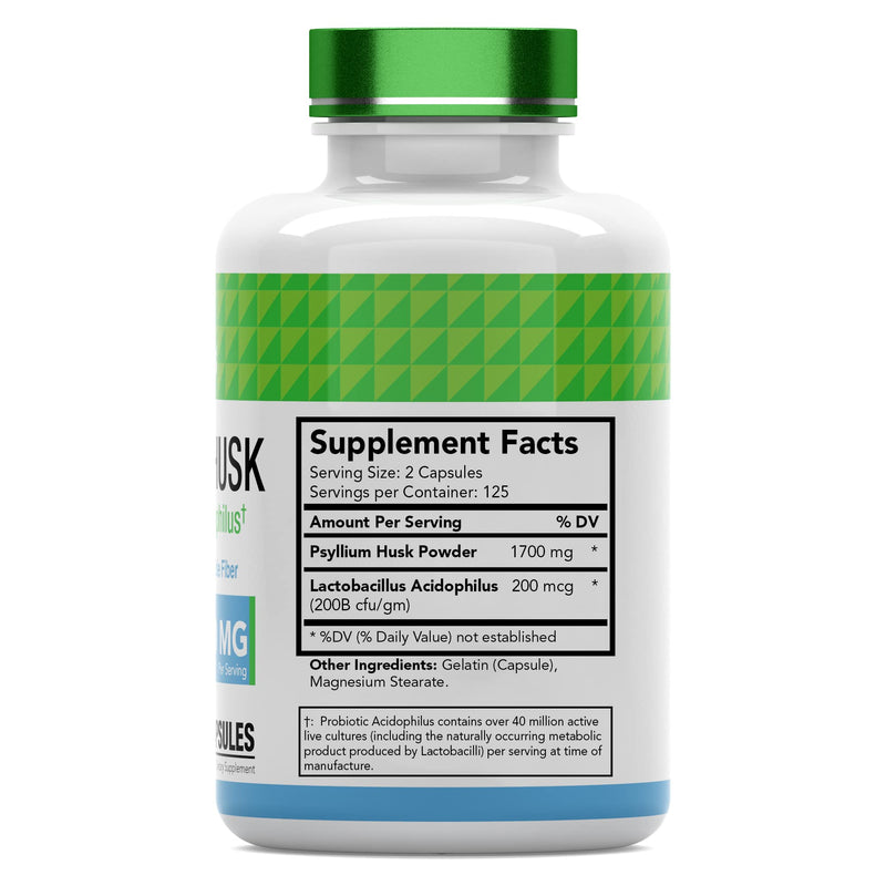 [Australia] - Psyllium Husk Capsules | 1700 MG - 250 Capsules | with Probiotic Acidophilus | Extra Strength Soluble & Dietary Fiber Supplement | Supports Digestive Health 