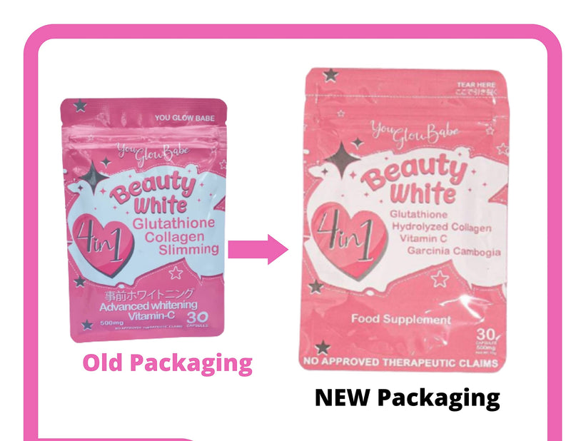 Beauty White 4 in 1 Glutathione Food Supplement, Size 15gram Each (Pack of 2) 30 x 2-60 Capsules