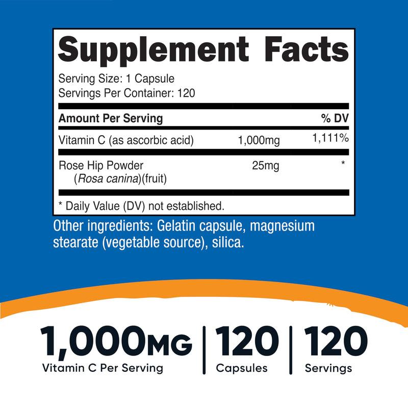 Nutricost Vitamin C with Rose Hips 1025mg, 120 Capsules, Gluten Free | Vitamin C 1000mg, Rose Hips 25mg, GMO-Free 120 Count (Pack of 1)
