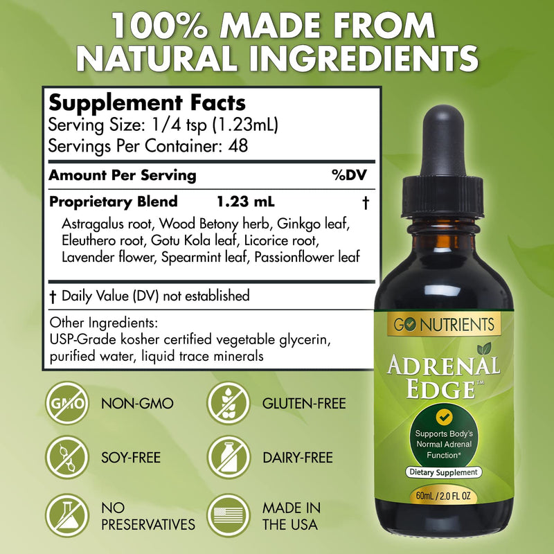 [Australia] - Go Nutrients Adrenal Edge Stress Relief & Cortisol Management Supplement with Astragalus Ginkgo, Eleuthero Supports Healthy Energy Levels, Promotes Restful Sleep & Adrenal Health 2.0 oz. | 48 Servings 