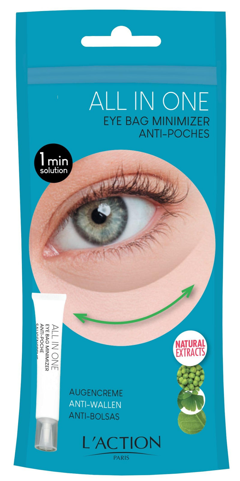 L'Action Paris All In One Eye Bag Minimiser, Natural Plant Based Cream Minimises Tired Skin and Eye Bags, Vitamin E Softens and Hydrates, Youthful Complexion, 20ml