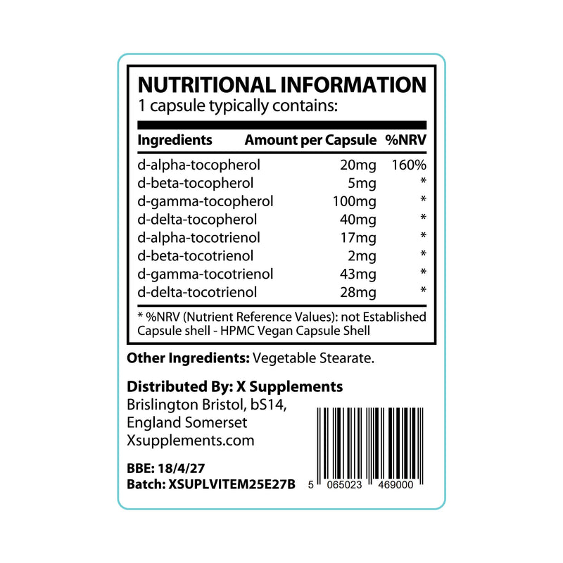 Natural Vitamin E Capsules for Skin | 60 Vegan VIT E Capsules | All 8 E Tocopherols & Tocotrienols | Vitamin E Supplement | Immune System Booster | 100% Natural Ingredients