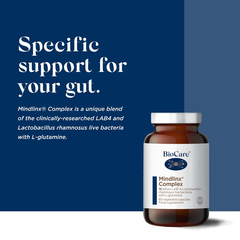 BioCare Mindlinx Complex - LAB4 & Lactobacillus Rhamnosus Live Bacteria with L-Glutamine - Vegan Friendly - 60 Capsules