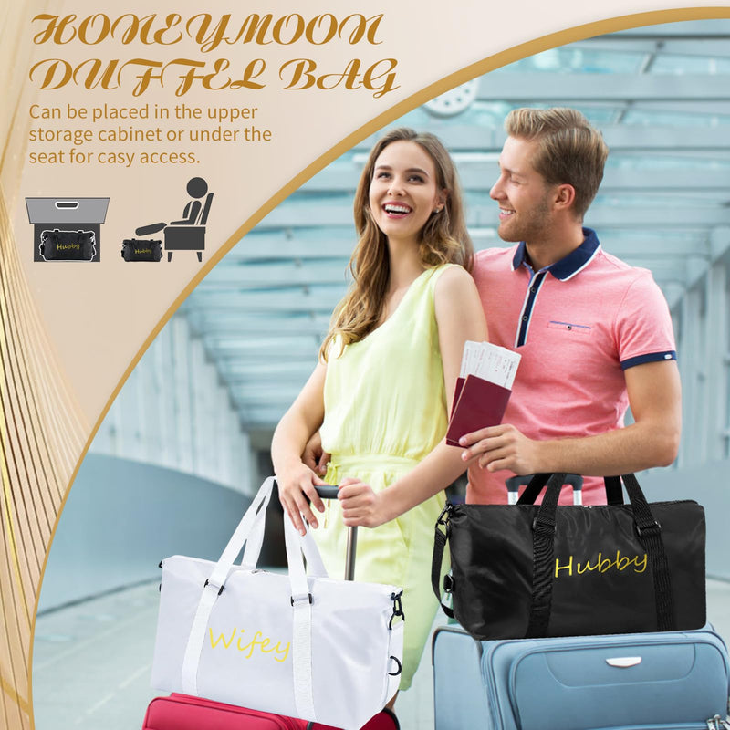 2 Pcs Wifey Hubby Duffle Bag Set White Black Wedding Travel Bags Waterproof Honeymoon Travel Bags Weekender Tote Bag For Women Men Couple Bridal Shower Honeymoon Party Organizer Supplies