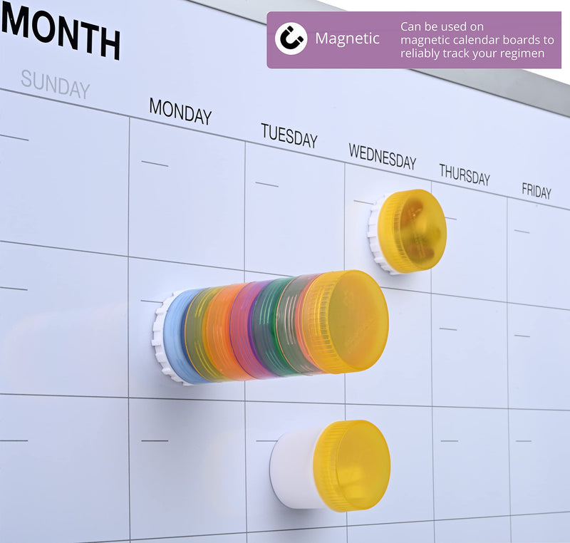 Small Portable Stackable Magnetic Pill Organizer, Pill Containers with 9 Compartments, 3 Lids and 3 Magnetic Adapters, Attachable to Magnetic Calendar or Any Magnetic Surface.