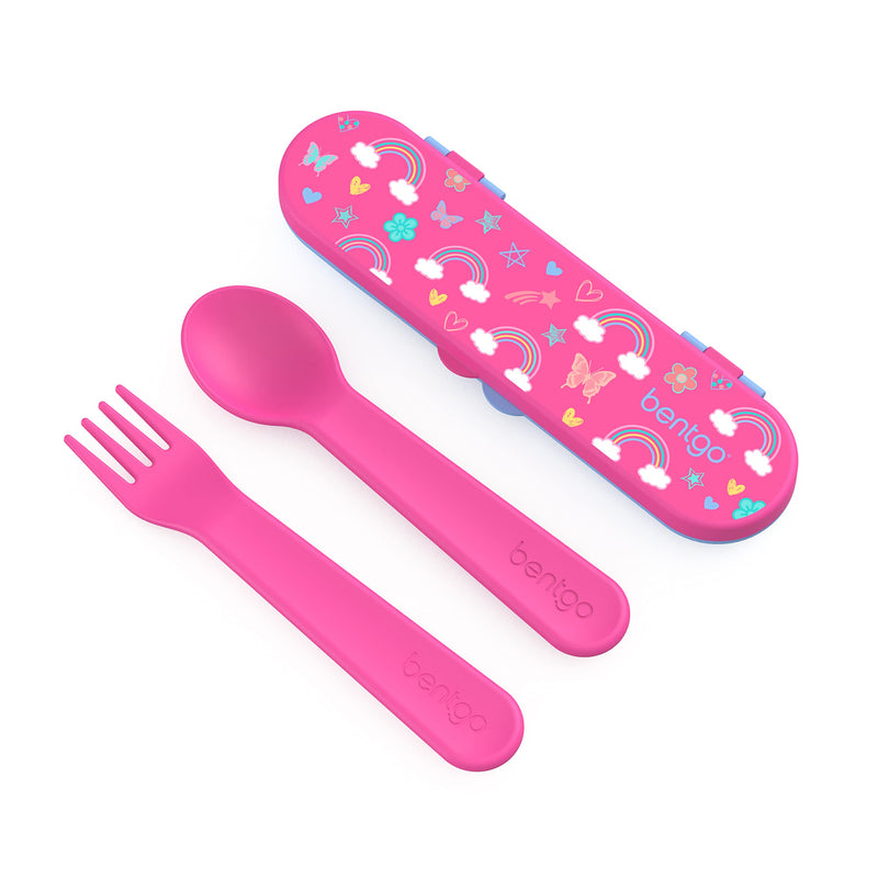 [Australia] - Bentgo Kids Utensil Set - Reusable Plastic Fork, Spoon & Storage Case BPA-Free Materials, Easy-Grip Handles, Dishwasher Safe Ideal for School Lunch, Travel, Outdoors (Rainbows and Butterflies) Rainbows and Butterflies 