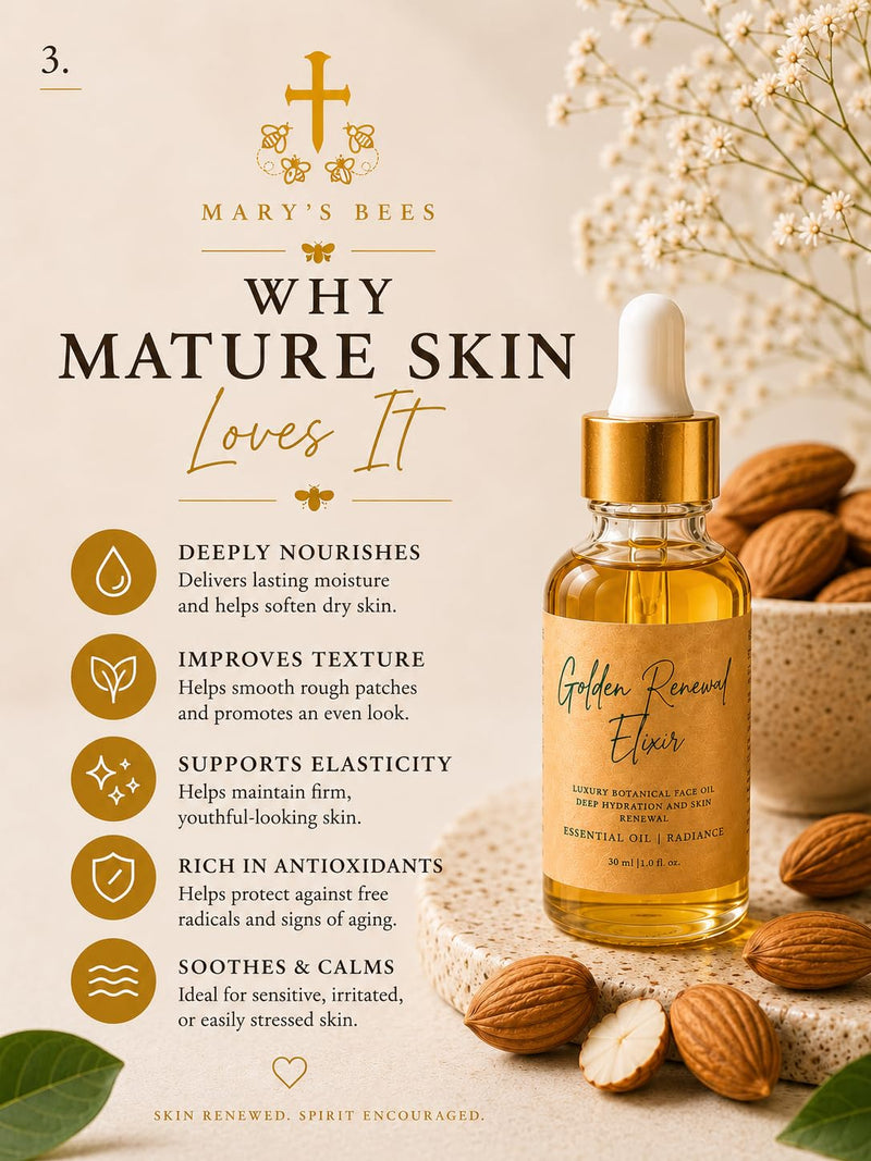 Bodji Golden Renewal Elixir Face Oil for Mature Skin, Hydrating Organic Face Oil, Rosehip Oil, Black Seed Oil, Evening Primrose Oil, Sweet Almond Oil & Vitamin E, Lightweight Serum for Dry, Aging Skin