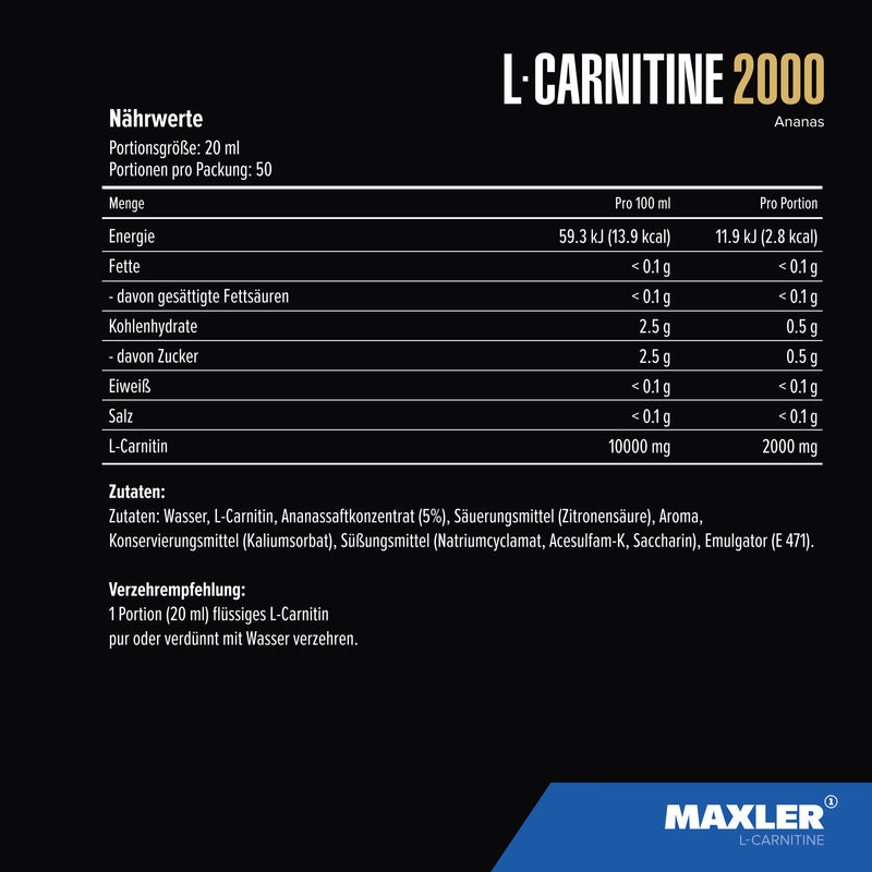 [Australia] - Maxler L Carnitine Liquid High Dose - L Carnitine Liquid - Vegan and sugar-free - rich in taste - optimally dosed - 2000 mg of L-Carnitine per serving - Pineapple - 1000ml 