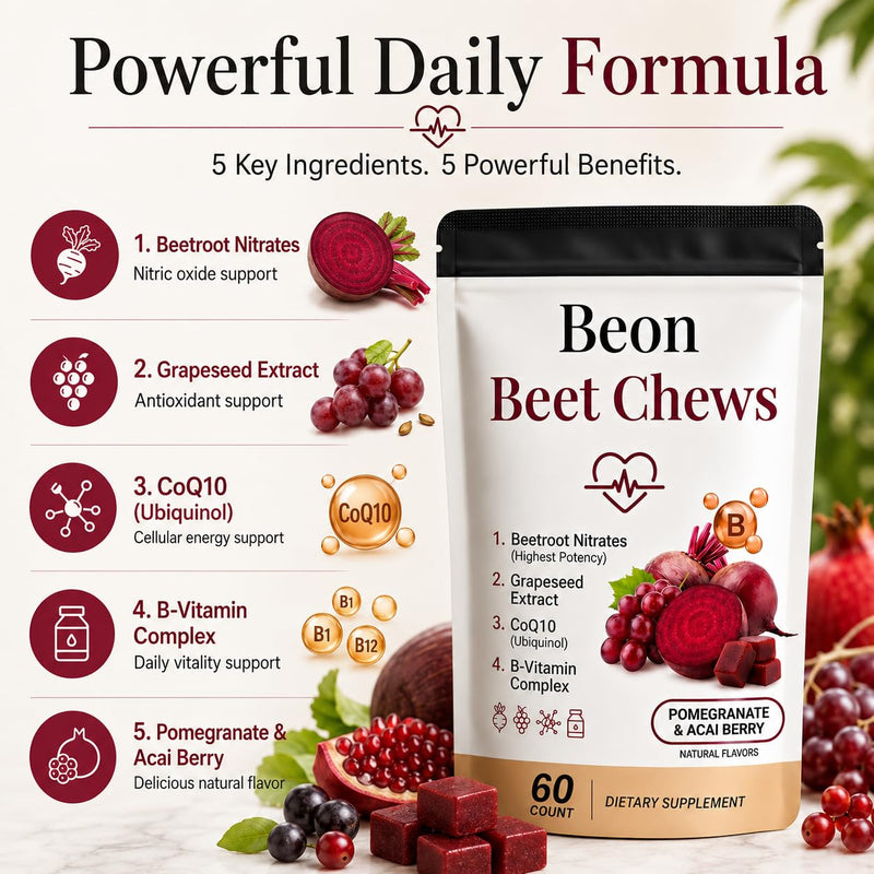 Beon Beet Chews, Beon Beetroot Chews Gummies with Grape Seed & L-CoQ10 for Calm Mood, Free Vegan, 60 Chew