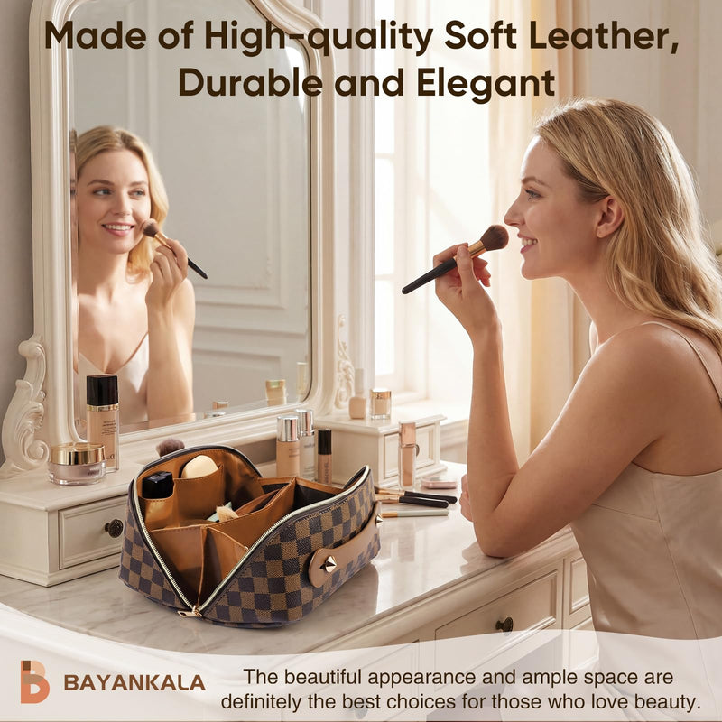 Leather Travel Makeup Bag, Large Capacity Cosmetic Bag for Women, Waterproof Portable Pouch with Divider, Toiletry Organizer with Handle, 10.5x5x5 Inches, Deep Brown