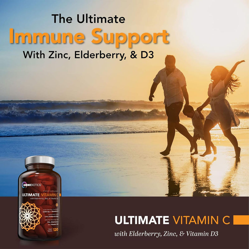 OmniBiotics Ultimate Vitamin C Supplement 2000mg – with Zinc, Elderberry Extract, and D3 – High Potency Immune Support & Collagen Booster – 120 Vegan Tablets 120 Count (Pack of 1)