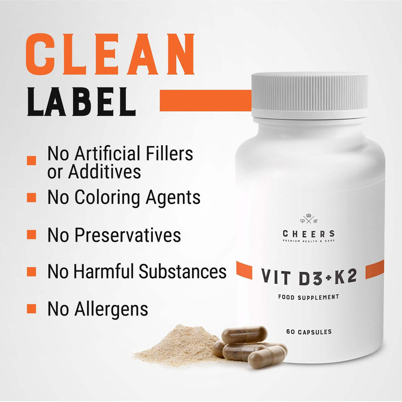CHEERS – Vitamin D3 & Vitamin K2, 60 Vegan Capsules, Natural Algae Form of Vitamin D, Vitamin D3 and K2 Supplement for Men and Women