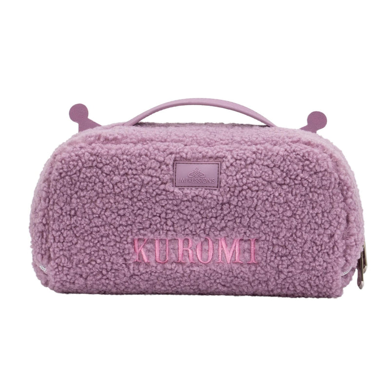Impressions Vanity Kuromi Unfold Travel Makeup Bag Organizer, Opens Flat Zippered Cosmetic Bag with Cozy Sherpa Fabric Texture, Dual Compartments, Inner Pockets, and Top Carrying Handle (Lilac)
