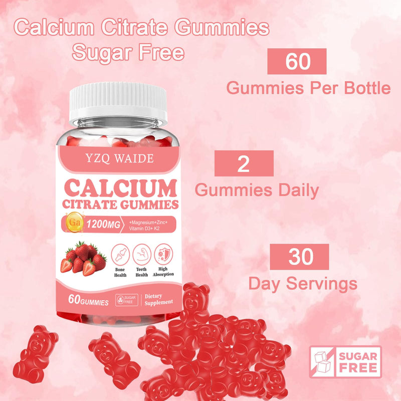 Calcium Citrate Gummies 1200mg with Vitamin D3 + K2, Magnesium, Zinc, Chewable Calcium Supplement for Women & Men, Bone Healthy, Sugar Free, Non-GMO, Gluten Free, Strawberry Flavor 60 Count