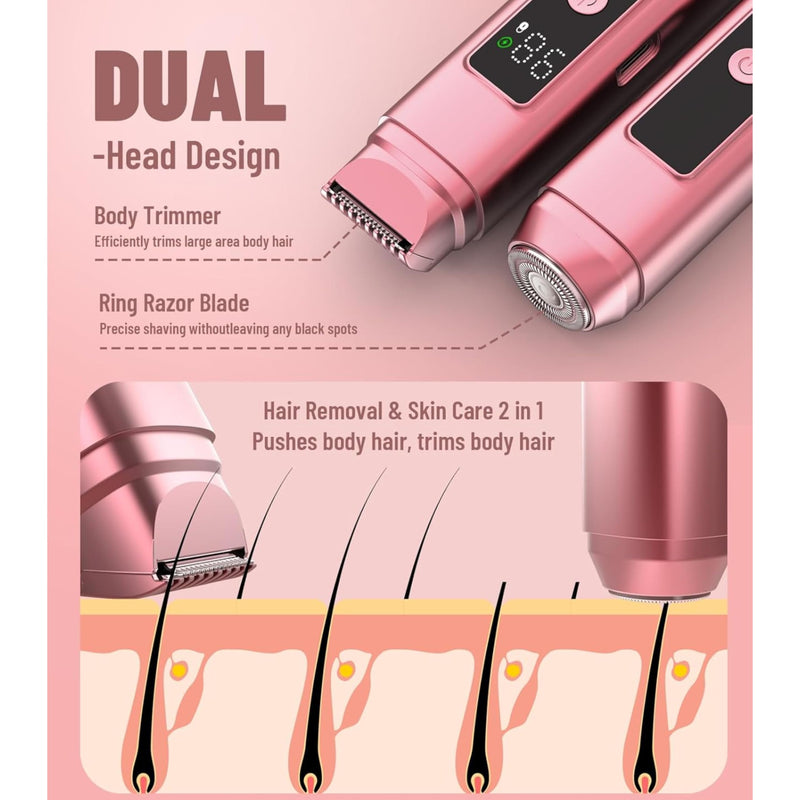 Bikini Trimmer for Women - 2 in 1 Women Electric Shaver Dual Head LED Display IPX7 Waterproof Wet & Dry Use Body Hair Trimmer and Facial Hair Remover for Bikini Underarm, Arm-Body Leg