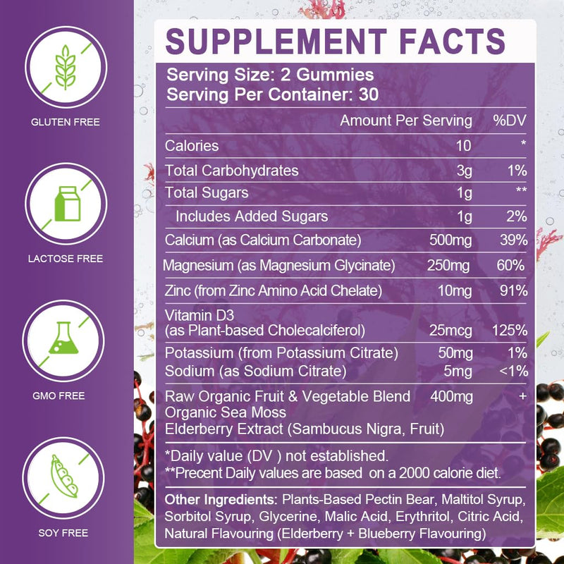 Calcium Magnesium Zinc Gummies with Vitamin D3 for Women & Men, Vegan, 60Ct | WOGORGT - Chewable Calcium Magnesium Zinc D3 Supplement with Sea Moss, Elderberry for Bone & Teeth, Daily Wellness Support 60 Count (Pack of 1)