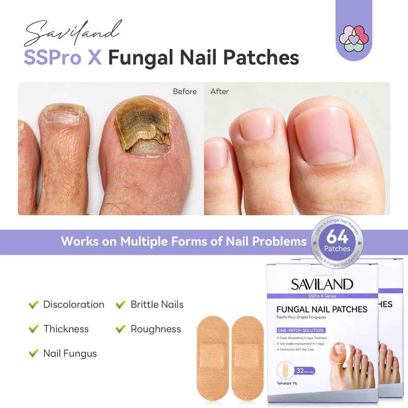 SAVILAND Fungal Nail Patches for Overnight 1% Tolnaftate Nail Repair 64Pcs | FSA-HSA, 8H Deep Overnight Repair, Reduces Yellow & Thick Nails, Breathable Materials Adhere Securely, Damaged Toenail Care 2 Pcs