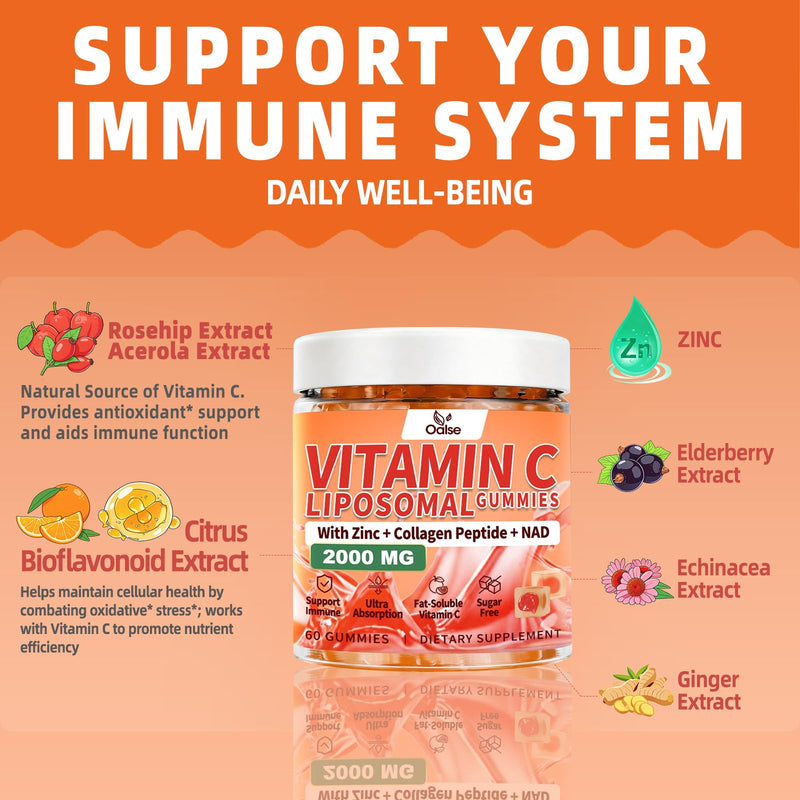 2000mg Liposomal Vitamin C Gummies for Adults, Sugar Free Vitamin C Gummy | Vit C Gummies with Elderberry, Zinc, NAD, for Immune Support Supplement, 60 Counts, Orange Flavor 60 Count (Pack of 1)