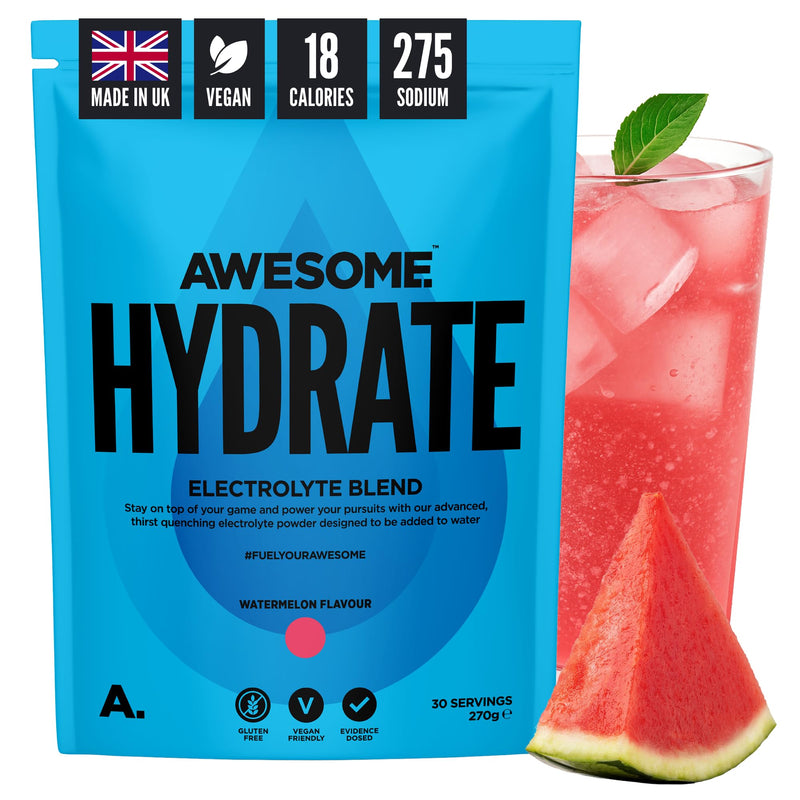 Awesome Hydrate – Vegan Electrolytes Powder – 270g Instant Electrolytes Powder – Sodium, Zero Calorie, Potassium Supplements – Vegan & Gluten-Free Hydration Supplement – (Watermelon Flavour, 270g Watermelon