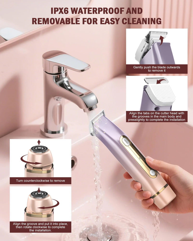 [Australia] - Bikini Trimmer for Women - 2 in 1 Dual Head Bikini Shaver, Painless Electric Razors for Silk Skin, Ceramic Blade, Waterproof Wet & Dry Use Body Hair Removal for Trip（Purple） Purple-rose Gold 