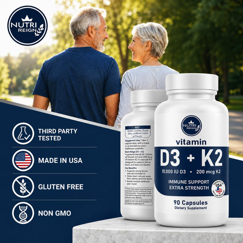 Vitamin D3 10,000 IU + K2 MK-7 200 mcg, High-Potency D3 K2 Supplement, Non-GMO, Gluten-Free, 90 Capsules