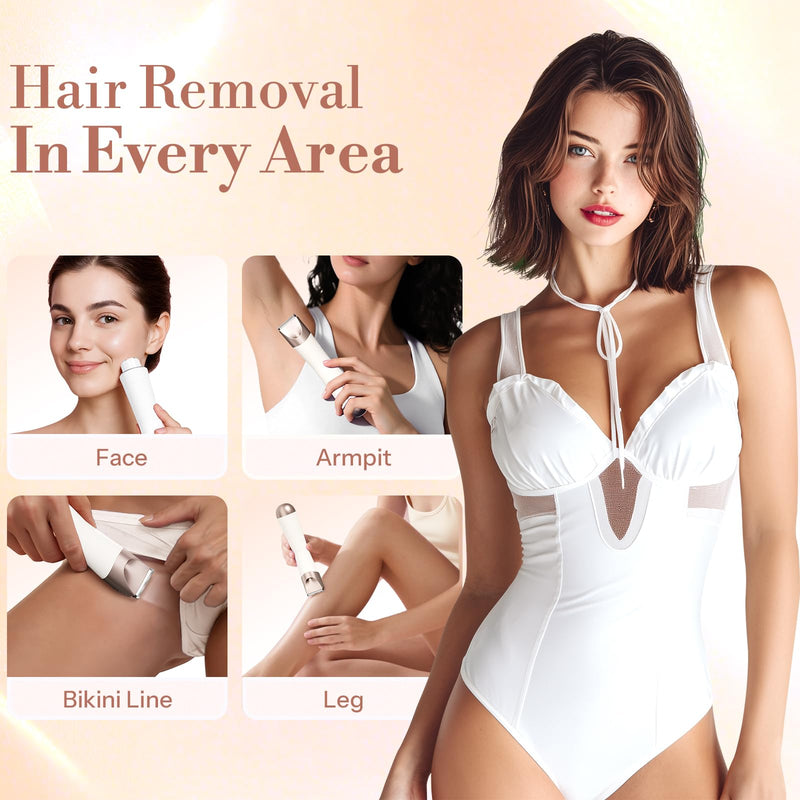 Bikini Trimmer for Women, 2 in 1 Electric Shaver for Women, Pubic Hair Trimmer Waterproof IPX7 with LED, Bikini Razor for Leg Arm Underarm Bikini Area, Pull Bows Gift Box for Friends (Shell White)