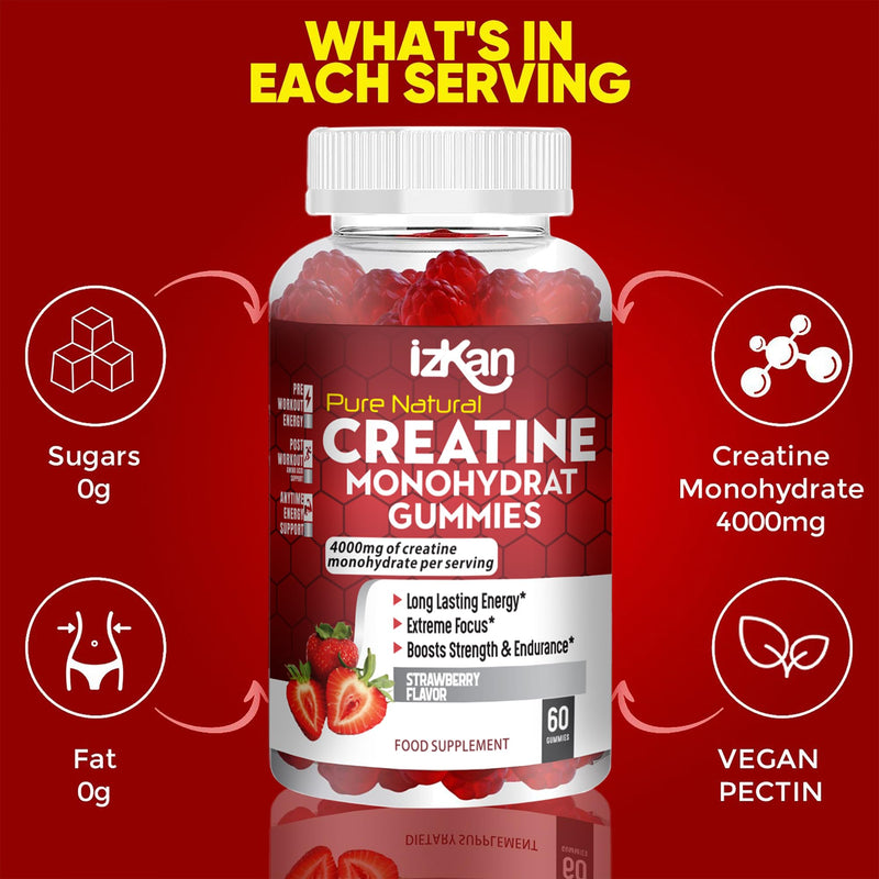 Creatine Monohydrate Gummies 4000mg for Men & Women - 60 Chewable Creatine Gummies Strawberry Flavoured Creatine | Pre Workout Gym Supplement| Vegan | (1 Months Supply) (1) 1