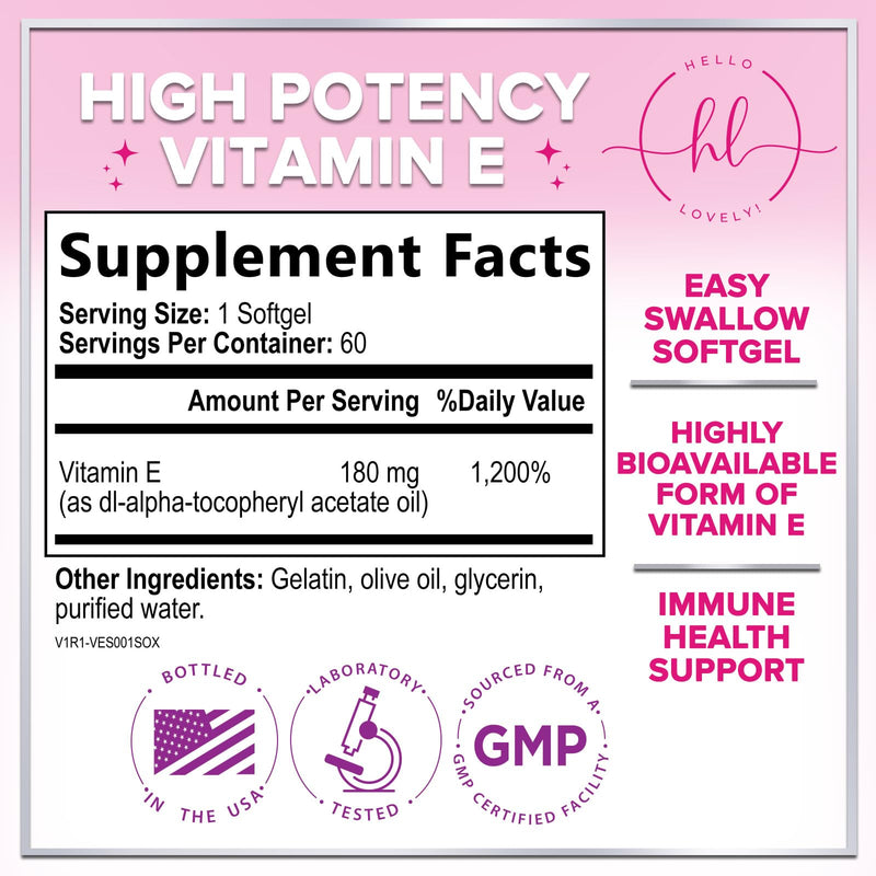 Vitamin E - 180 mg per Serving - Powerful Hair & Skin Support Supplement - dl-Alpha VitaminE Immune Health Support with Antioxidants - Easily Absorbed GMO & Gluten Free, Bottled in USA - 60 Softgels 60 Count (Pack of 1)