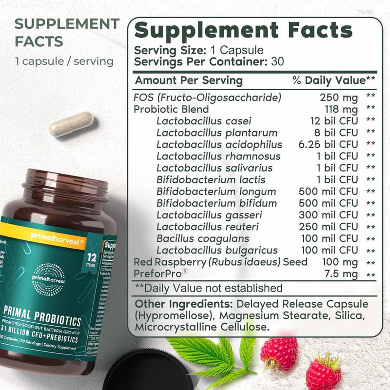 [Australia] - Primal Harvest PREbiotics and PRObiotics for Women & Men, 30 Oral Capsules for Gut Health, 12 Dynamic Strains 30 servings (1 Pack) 