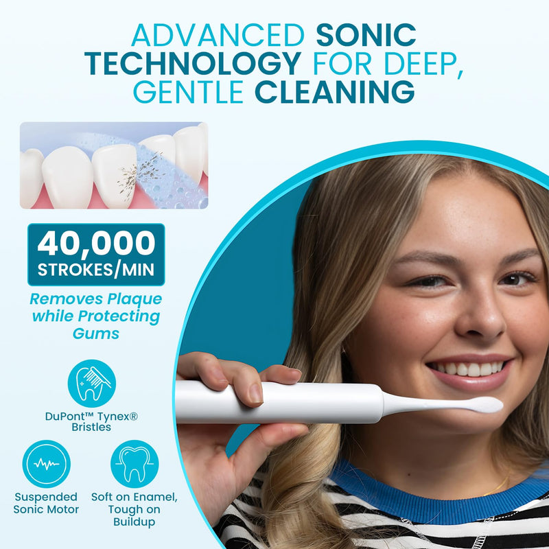 Electric Toothbrush with Tynex Bristles - Rechargeable Toothbrush with 30-Second Reminder & 2-Minute Smart Timer - IPX7 Waterproof Sonic Tooth Brush Includes 2 Tooth Brush Heads