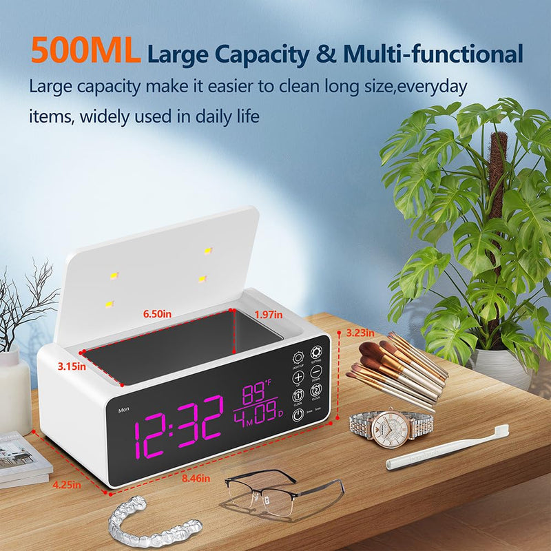 [Australia] - 500ML Capacity 48kHz, Updated Version Ultrasonic Retainer Cleaner, Multi-Functional Cleaner Machine For Dentures, Mouth Guards, Braces, Toothbrush, Jewelry, Glasses with Alam Clock Function, (white) 