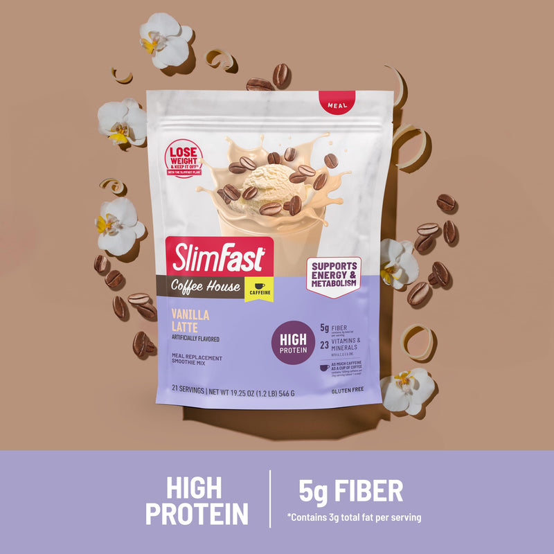 SlimFast High Protein Meal Replacement Powder, Caffeine Protein Powder, Energizing Protein Mix, Vitamin and Mineral Blend, Gluten Free, Coffee Flavored Protein Powder, Vanilla Latte, 21 Servings 19.25 Ounce (Pack of 1)