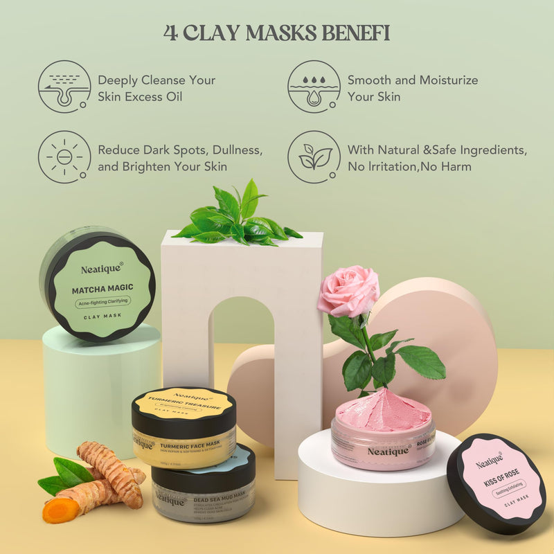 Face Masks Skincare Set, 480g (120gx4) High Capacity Facial Mask, Clay Mask Set with Turmeric w/Vitamin C, Green Tea, Rose and Dead Sea Mud, Deap Cleansing, Hydration and Pore Refinement