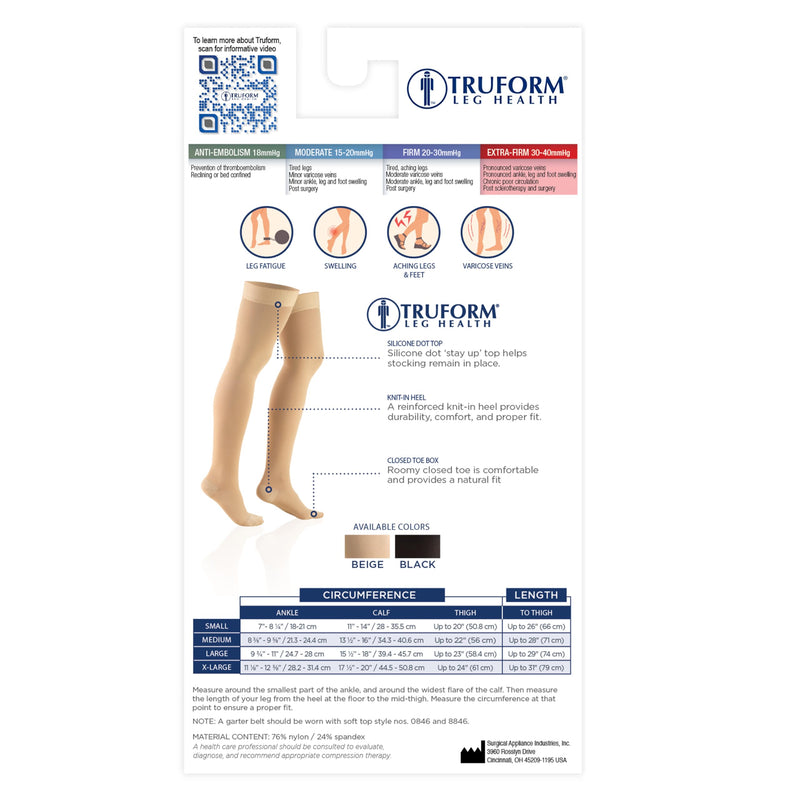 [Australia] - Truform 30-40 mmHg Compression Stockings for Men and Women, Thigh High Length, Dot-Top, Closed Toe, Black, Large Large (1 Pair) 