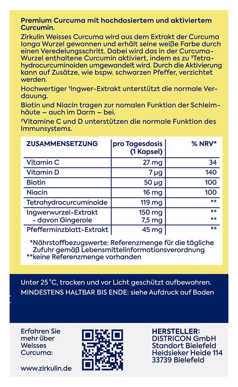 [Australia] - Zirkulin White Curcuma 30 Capsules - Premium Curcuma High Dose & High Bioavailability - Promotes Gastrointestinal Wellbeing & Strengthens the Immune System - with Biotin, Niacin, Ginger & Vitamin C + D 30 Pieces (Pack of 1) 