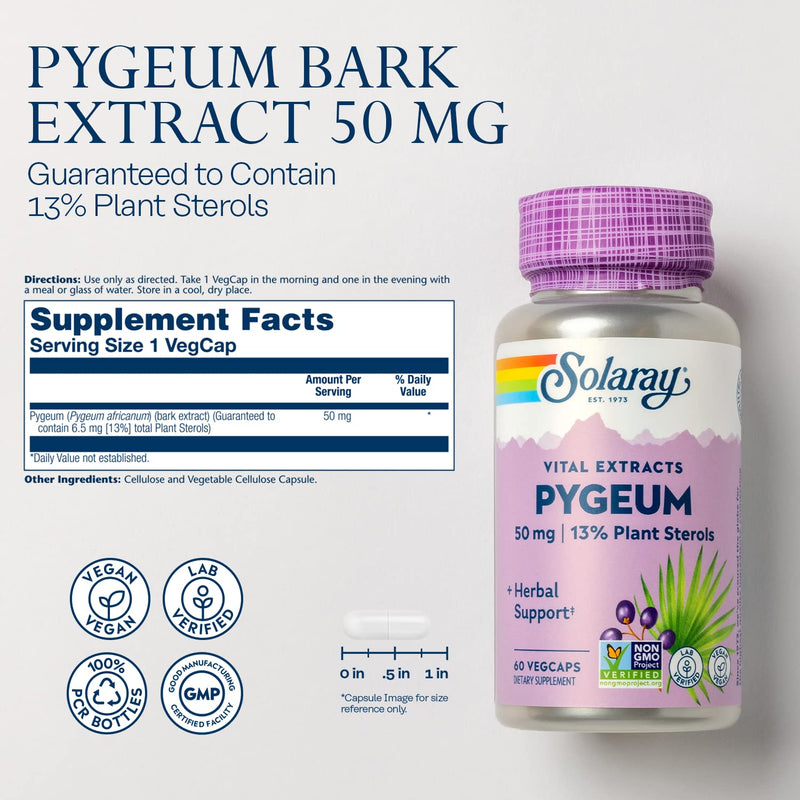 [Australia] - SOLARAY Pygeum Bark Extract 50mg - Pygeum Supplement for Prostate Health Support - Guaranteed to Contain 6.5mg Plant Sterols Like Beta Sitosterol, Non-GMO, Vegan, 60-Day Guarantee, 60 Serv, 60 VegCaps 60 Count (Pack of 1) 