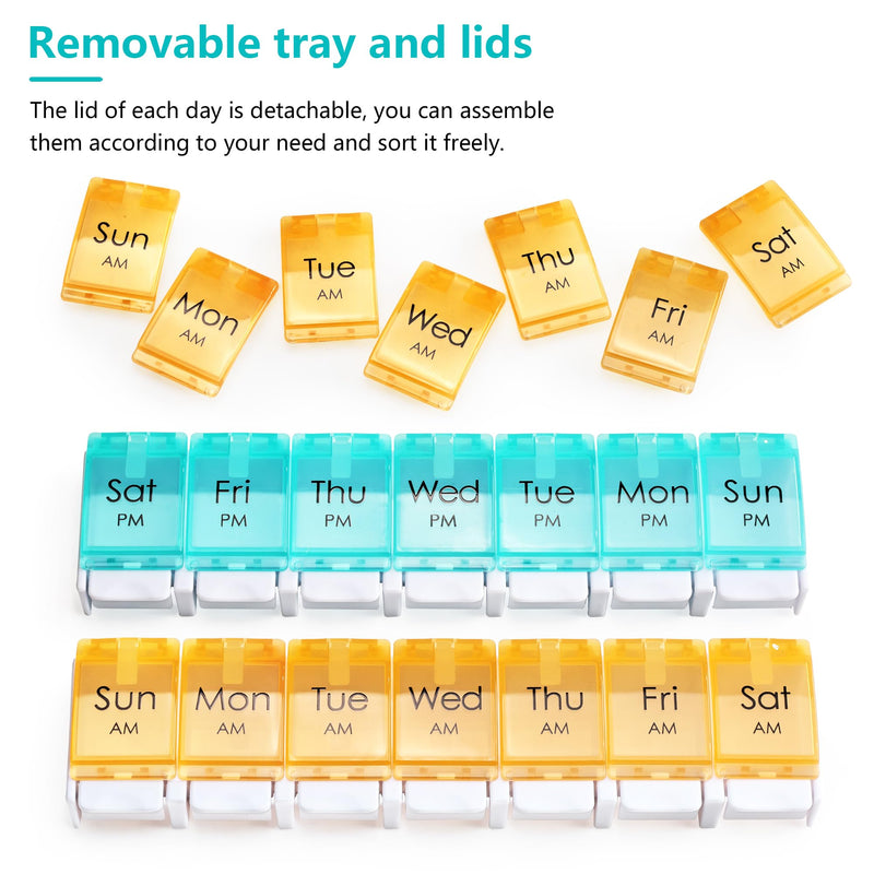 MOLN HYMY Weekly Pill Organizer, AM PM 2 Times a Day, 14 Compartments, Push Button Design, for Medication, Vitamins, Supplements Cyan and Orange