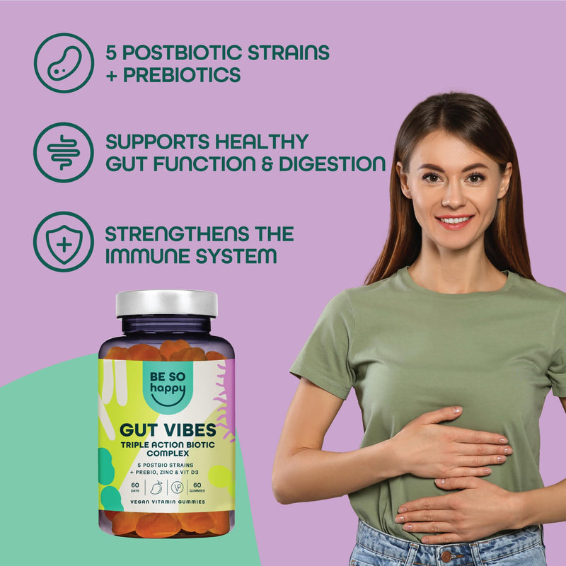 Vegan Prebiotics and Postbiotics, Gummy Bears forGut Health, Immune System & Digestion for Women & Men 60 Days, Complex with Zinc + Vitamin D3, Tropical Fruit Flavor, Gluten Free, Be So Happy®