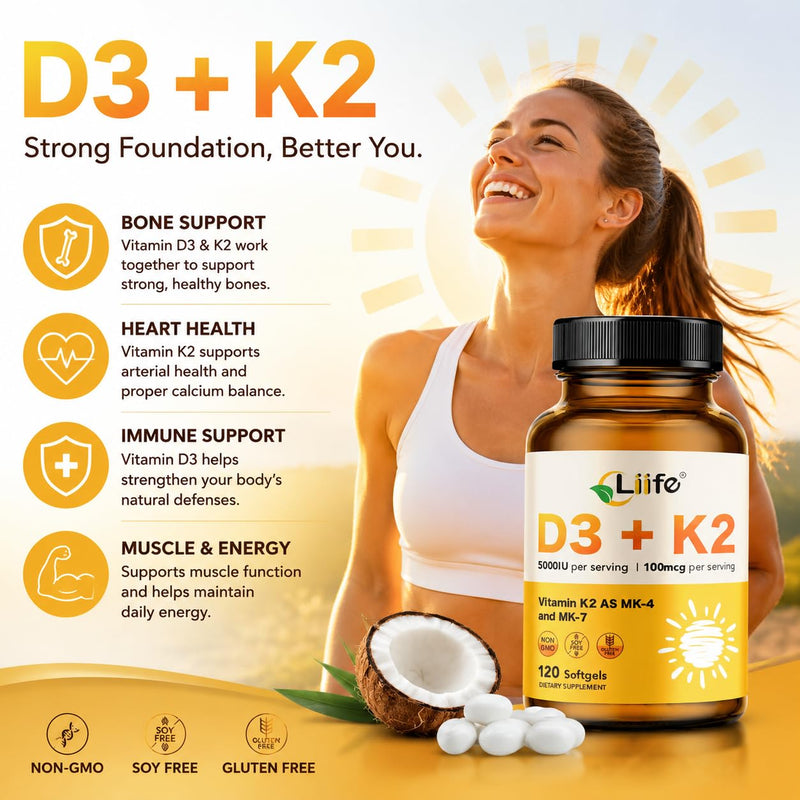 LIIFE Vitamin D3 + K2 (MK7 & MK4) 5000 IU, 120 Softgels | Features 5000 IU D3 with MK7 & MK4, supports immune, bone and heart health. Non-GMO & Gluten-Free formula 120 Count (Pack of 1)