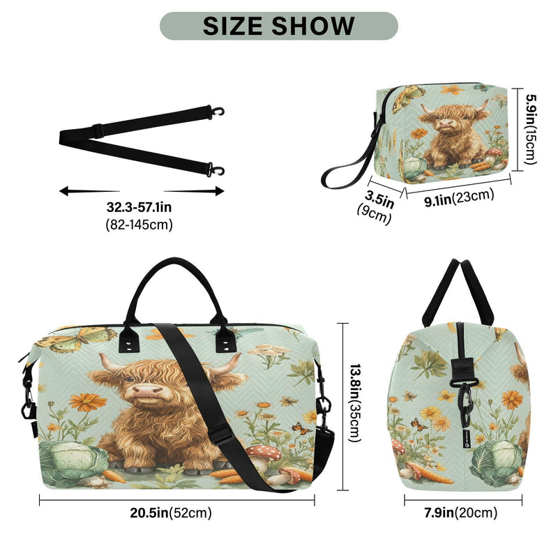 Cow Travel Gym Bag, Highland Cow Vegetables Weekender Overnight Duffle for Women with Toiletry Bag Travel Swim Cow 46