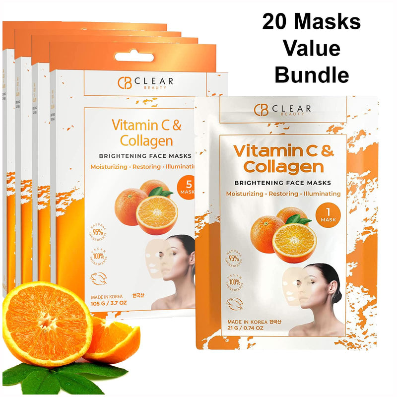 Vitamin C & Collagen Revitalizing Face Mask, Dermatologist Tested | Anti-Aging, Korean Skin Care - Deep Hydration for Plumper, Firmer, Smoother, Refreshed-Looking Skin - Vegan - 20 Count Vitamin C & Collagen (4Pack)