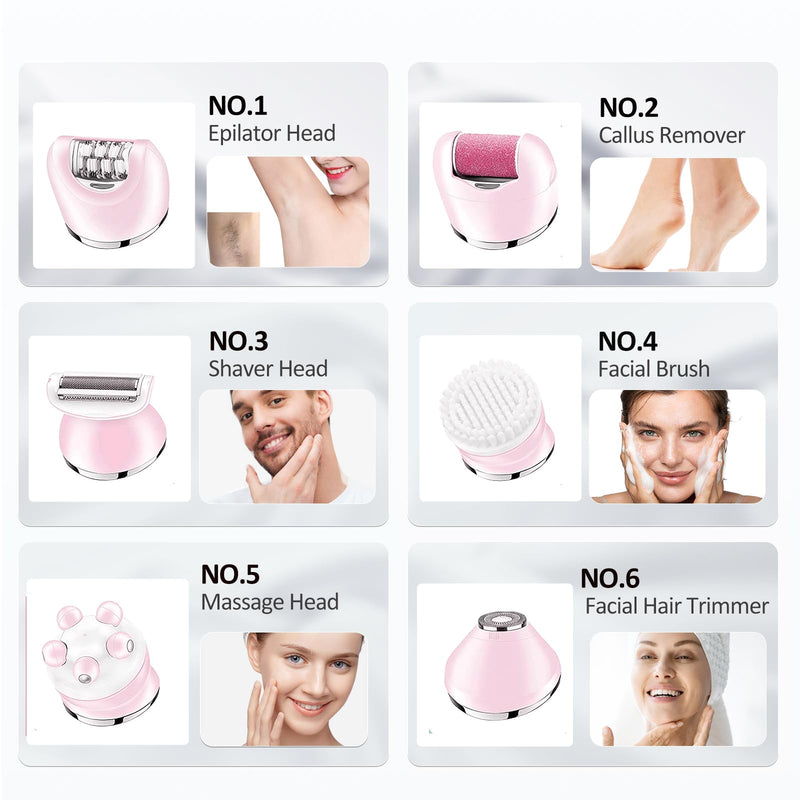[Australia] - Epilator for Women, 6 in 1 Hair Removal Epilator, Shaver, Face Razor, Facial Brush, Face Massage and Body Exfoliator,IPX7 Waterproof Rechargeable Hair Removal for Women (Pink) Pink 