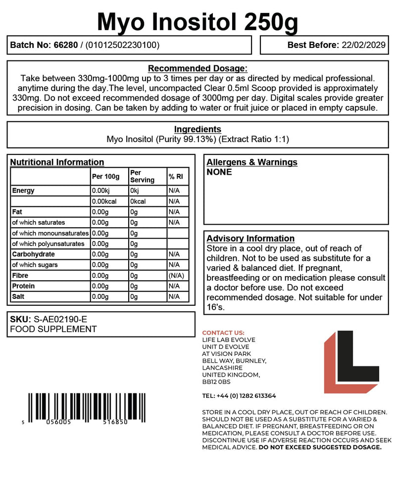 Myo Inositol Powder 250g- Pure Myo Inositol Supplement for Hormonal Balance - Mood Support Vegan Myo Inostiol Powder 99.5 High Purity by LifeLab Supplements 250 g (Pack of 1)