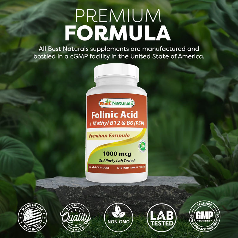 Best Naturals Folinic Acid 1000 mcg with Mehtyl B12 1000 mcg & Vitamin B6 (P5P) 5 mg 90 Veg Capsules