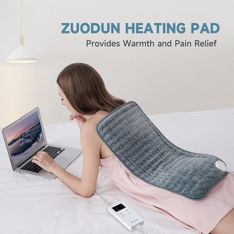 [Australia] - Heating Pad for Back Pain Relief, ZUODUN Electric Heating Pads for Cramps with Auto Shut Off & 6 Heat Levels, Moist Heat Therapy, Machine Washable, LED Controller, Gifts for Women, Men Gray-12 x 24 Inch 